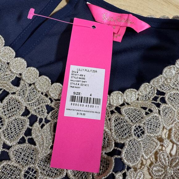 Lilly Pulitzer NWT Nala Soft Shift Dress True Navy Blue Size 4 Gold Floral Lace - Picture 6 of 12